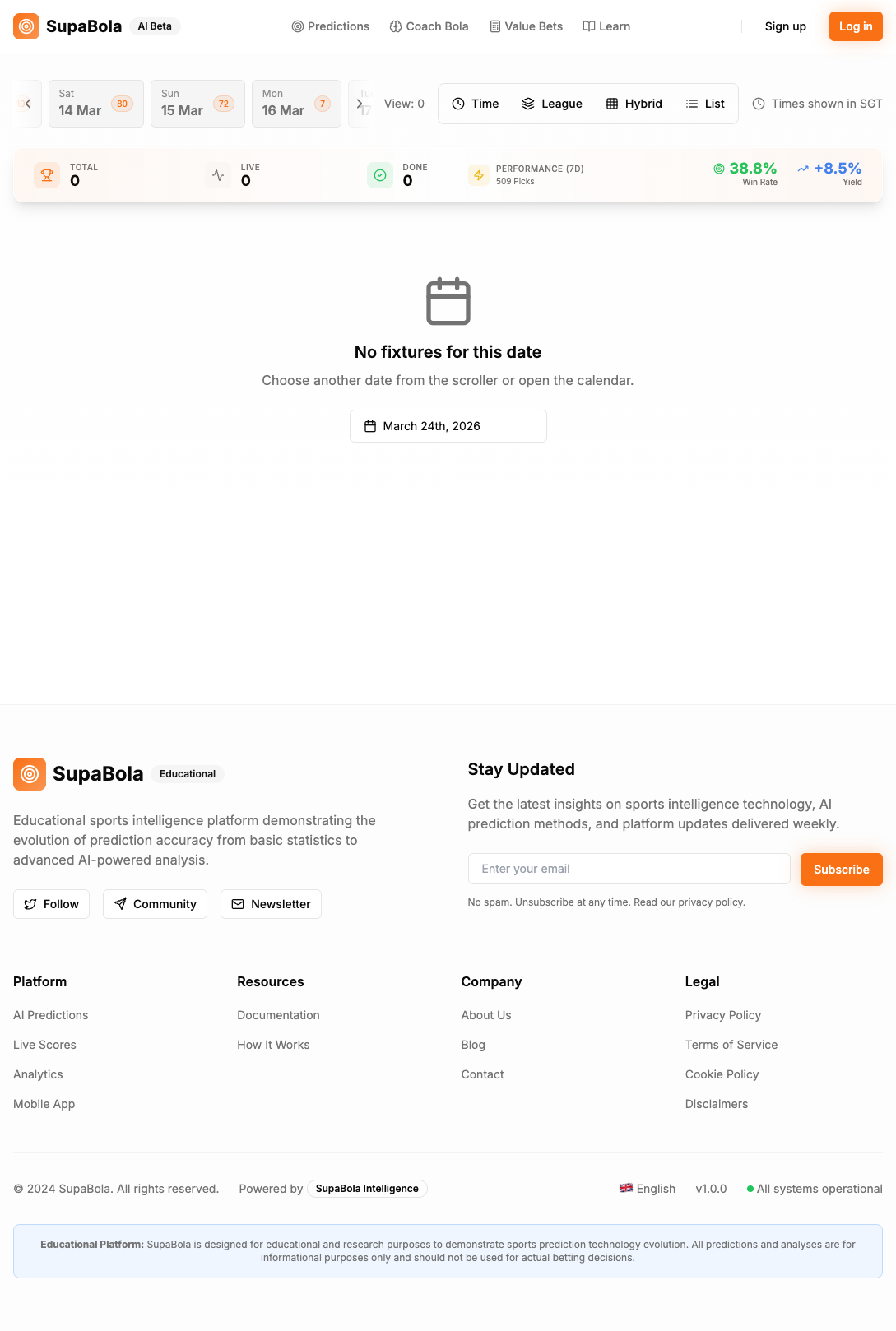 SupaBola predictions dashboard showing fixture probability estimates