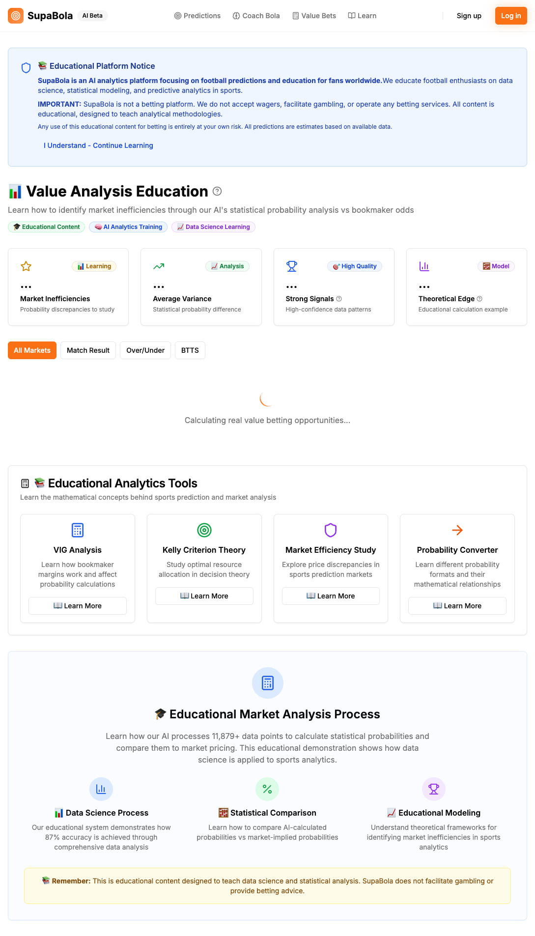 SupaBola Value Bets page showing market analysis